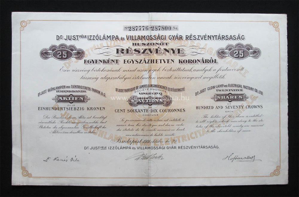 Dr Just-féle Izzólámpa részvény 25x170 korona 1921